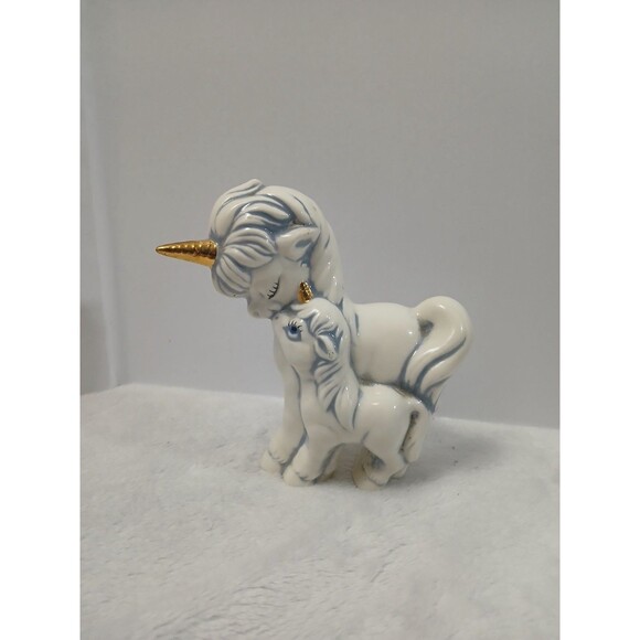 Vintage Ceramic Unicorn Figurine Mother and Foal White Blue Gold Horn - Picture 1 of 4